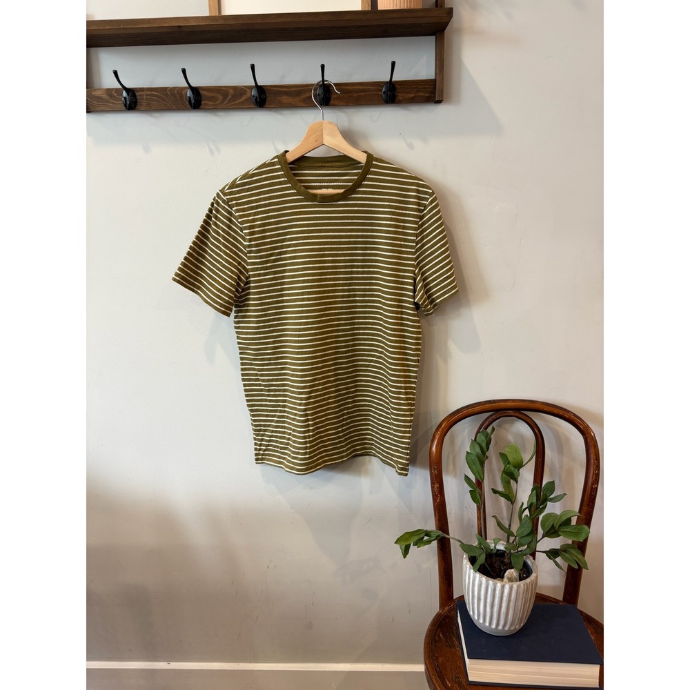 Everlane Uniform Mens Small Olive Green White Striped Short Sleeve T-Shirt